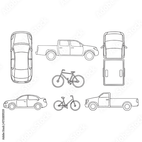 Set of outline vector car, bike, truck vehicles. Top and side view. Vector illustration