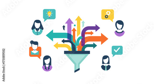 Funnel with arrows and people icons representing data flow