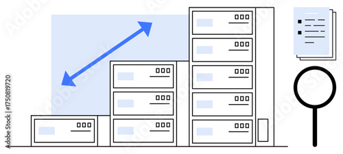 Stacked server racks illustrate data storage growth, accompanied by an upward arrow. Magnifying glass and documents symbolize analysis, scalability, and monitoring. Ideal for technology, analytics