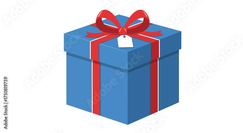 Blue Gift Box with Red Ribbon and Tag.