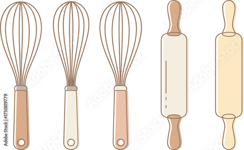 Three Whisks and Two Rolling Pins Kitchen Utensils egg beater baking
