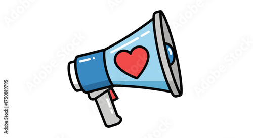 Blue Megaphone with Red Heart Symbol.