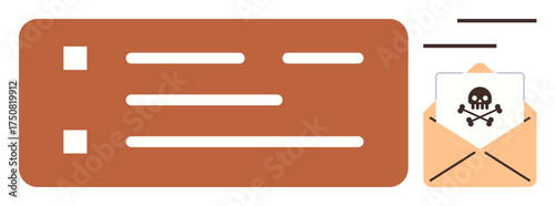 Open envelope containing skull icon beside an email list. Ideal for cybersecurity, email safety, phishing awareness, cybercrime, data protection, digital threats, simple flat metaphor