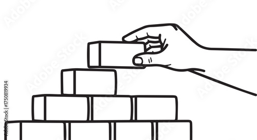 Hand stacking brick on a pyramid of bricks isolated on transparent background