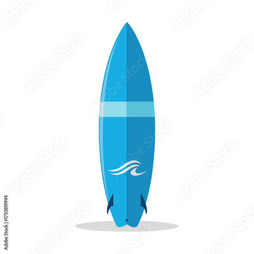 Blue Surfboard with Wave Graphic and Fins.