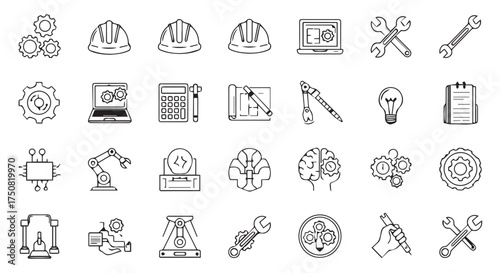 Collection of engineering and technology icons isolated on transparent background