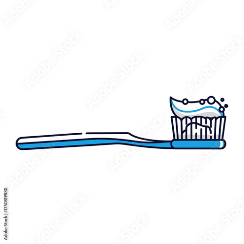 Blue toothbrush with toothpaste and bubbles.