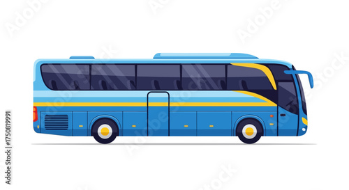 Blue Tour Bus with Yellow and Green Stripes.