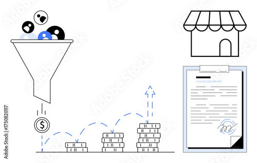Funnel filtering leads, coins stacking with growth arrows, store icon, contract with signature. Ideal for marketing, sales, business growth, conversion investment contracts networking. Simple flat