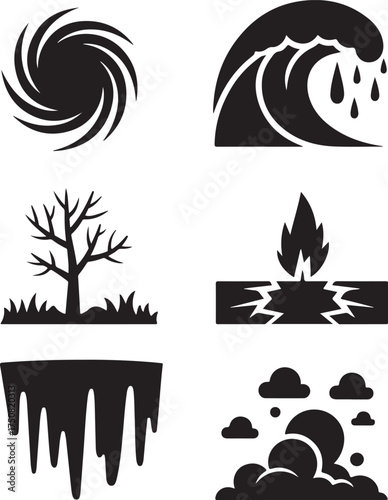 Natural disaster icons storm wave fire ice clouds danger