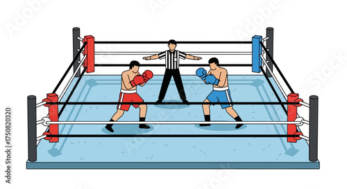 Boxing Match in a Ring with Referee.