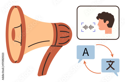 Megaphone, person speaking with speech detection, and text with language icons illustrate speech-to-text and translation. Ideal for communication, language learning, accessibility, AI tech, global