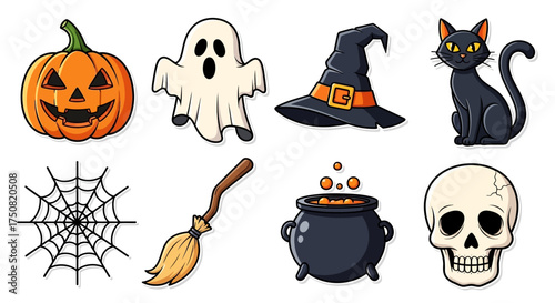 Colorful set of cute cartoon Halloween sticker icons for holiday design. A spooky collection of isolated vector elements like a pumpkin, ghost, and skull