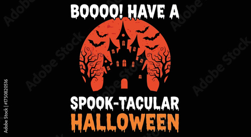 Vector illustration of a gothic haunted castle under an orange harvest moon, a spook-tacular design for festive Halloween celebrations