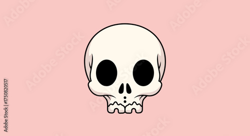 Cute cartoon skull illustration with large empty eye sockets on a pastel pink background. A simple, flat vector graphic for spooky or kawaii designs