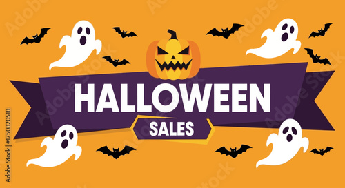 Vector illustration of a Halloween promotional banner with a carved pumpkin, spooky ghosts, and flying bats for seasonal sales
