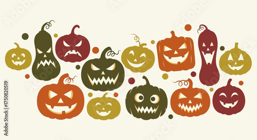 Collection of fourteen carved Halloween pumpkins with various spooky and funny faces, vector illustration for holiday decoration