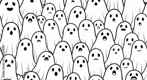 A large crowd of simple cartoon ghosts with various facial expressions, a seamless pattern of spooky supernatural characters