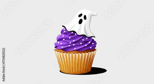 A spooky yet sweet Halloween ghost cupcake with vibrant purple icing and white sprinkles, presented as an isolated vector illustration
