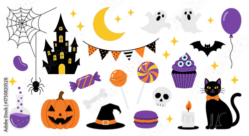 A vibrant set of cartoon Halloween decorations featuring a haunted house, jack-o'-lantern, black cat, ghosts, and sweet holiday treats