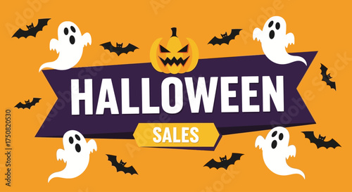 Spooky Halloween holiday promotion banner with ghosts, bats, and a jack-o-lantern pumpkin. Vector illustration for seasonal discounts and offers