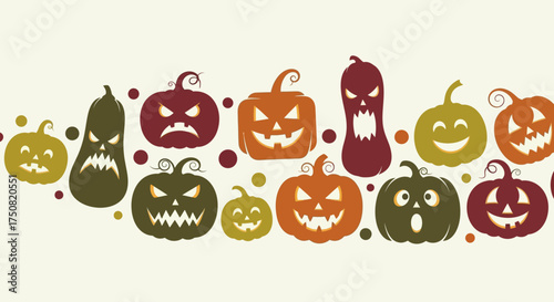 A colorful and festive horizontal banner featuring a diverse collection of Halloween Jack-o'-lanterns with spooky and funny carved faces