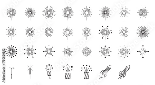Collection of handdrawn fireworks and sparklers isolated on transparent background