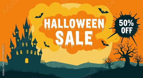 Vector banner for a Halloween promotion featuring a spooky haunted castle, flying bats, and a special sale offer under a full moon
