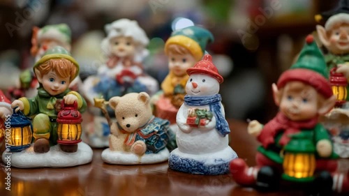 Close-up of festive winter holiday figurines: charming children with glowing lanterns, snowman, and teddy bear. Cozy Christmas decor.