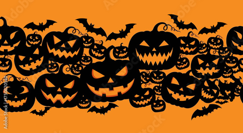 A spooky seamless Halloween banner featuring a chaotic pattern of black jack-o'-lantern silhouettes with evil grins and flying bats on an orange background