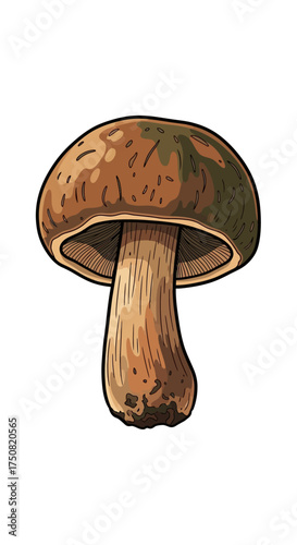 Brown mushroom with a thick stem and a rounded cap isolated on a white background.