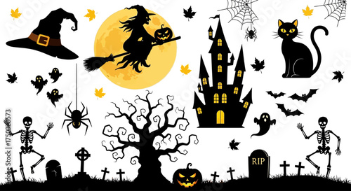 Spooky Halloween vector illustration set with a witch on a broomstick, a haunted castle, dancing skeletons, and a black cat silhouette