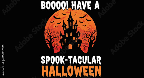 Eerie illustration of a haunted mansion with flying bats set against a glowing full moon, creating a scary and festive Halloween design