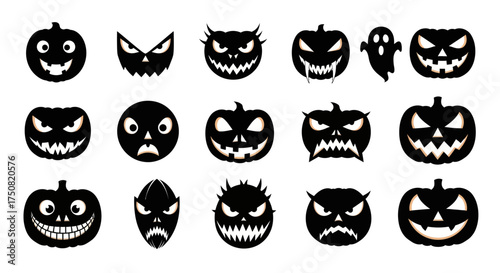 Spooky collection of twenty black Halloween pumpkin silhouettes and scary monster faces with various evil grins and expressions