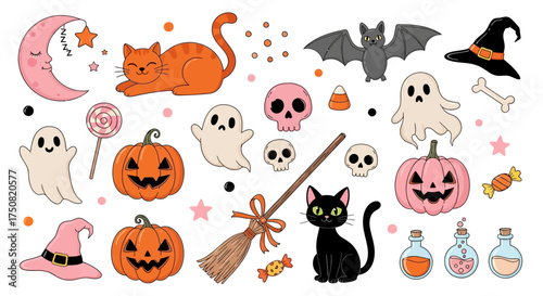 A charming set of cute Halloween illustrations featuring pumpkins, ghosts, cats, and spooky witch elements for festive design projects