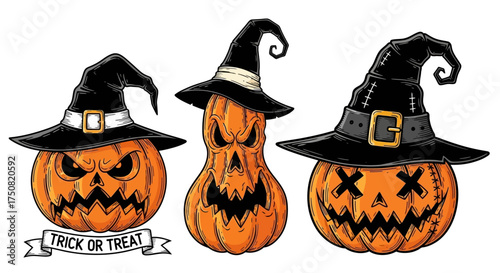 A spooky set of three jack-o'-lanterns wearing witch hats, vector illustration of scary carved pumpkin faces for Halloween. Hal (34).ai style