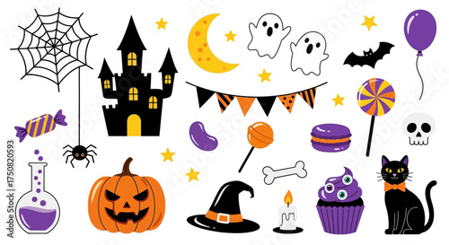 A festive collection of cute Halloween cartoon illustrations. Spooky holiday clip art set with pumpkin, ghost, cat, and candy elements for design projects