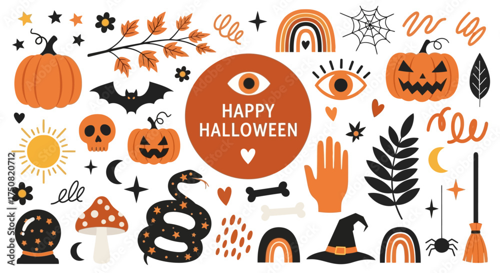 Fototapeta premium A mystical boho Halloween collection featuring cute and spooky icons, including jack-o'-lanterns, witch hats, and celestial symbols