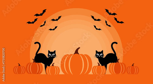 Spooky Halloween night scene featuring two black cats guarding a patch of pumpkins under a glowing orange moon with bats