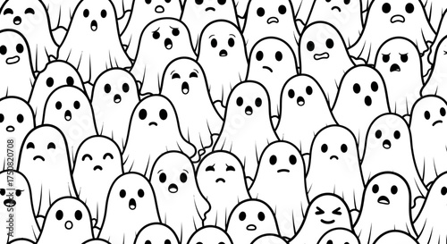 A seamless black and white pattern of a whimsical crowd of cute cartoon ghosts showing various funny and spooky emotions