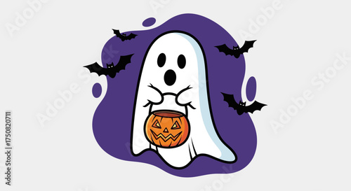 A cute cartoon ghost illustration holding a jack-o-lantern basket for trick-or-treating, surrounded by flying bats for a spooky Halloween celebration