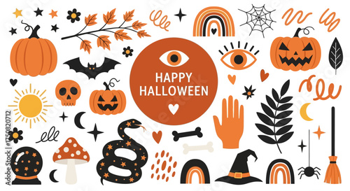 A mystical boho Halloween collection featuring cute and spooky icons, including jack-o'-lanterns, witch hats, and celestial symbols