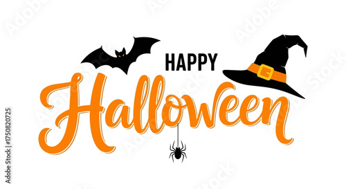 Festive Happy Halloween calligraphy banner with a flying bat, witch hat, and hanging spider. Vector lettering illustration for seasonal greetings