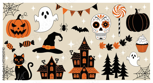 Set of cute cartoon Halloween icons featuring a jack-o-lantern, spooky ghost, witch hat, and sugar skull for holiday design