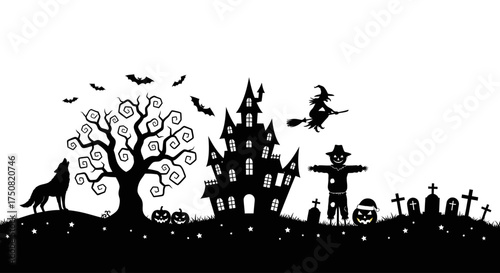 Eerie Halloween night landscape silhouette with a haunted house, howling wolf, flying witch, and graveyard