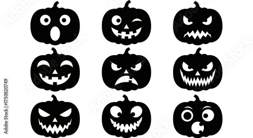 A collection of nine black silhouette Jack-o'-lantern faces, showcasing a variety of spooky and funny emotions for Halloween vector designs