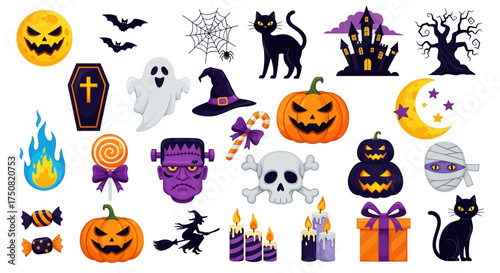 A vibrant and fun collection of cute cartoon Halloween icons. Spooky holiday design elements including a ghost, pumpkin, and cat