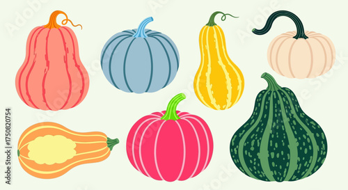 A vibrant assortment of stylized pumpkins and squashes in a modern, flat design. A colorful autumn harvest collection for seasonal decor