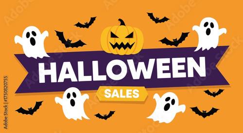 Festive Halloween sales banner advertising a special promotion with cartoon ghosts, flying bats, and a jack-o-lantern on an orange background