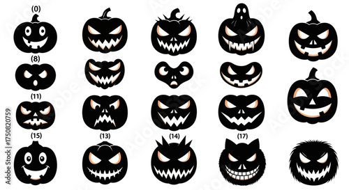 Set of twenty spooky jack-o'-lantern faces in black silhouette style. Scary evil pumpkin icons with glowing eyes for Halloween decoration and design